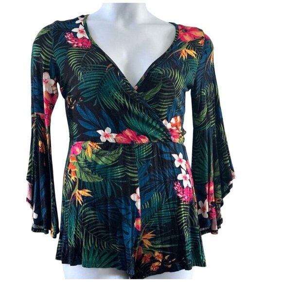 Womens Tropical Floral Bell Sleeve Romper - Picture 2 of 8